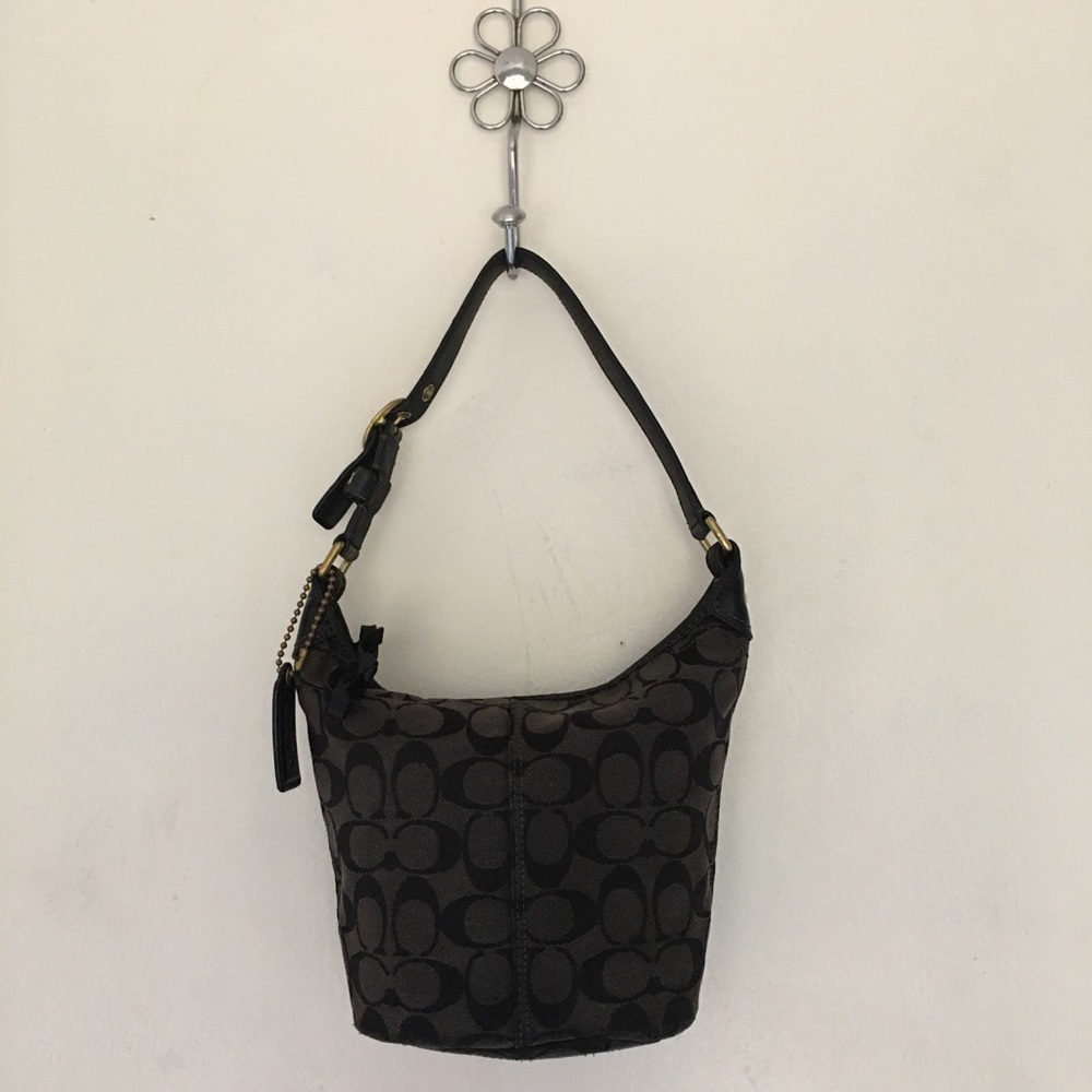 Coach Handbag Shoulder Small Bucket Black Monogram Fabric Zip Adjustable Strap